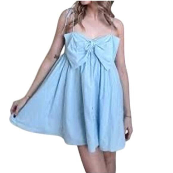 New STORIA Stacie Bow Babydoll Mini Dress Powder Blue Tie Shoulder Straps Sz M - Picture 1 of 10